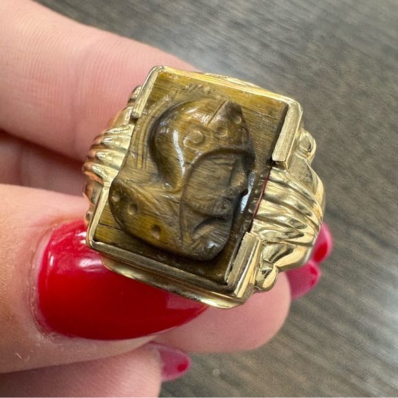 Vintage Antique Art Deco Tiger’s Eye Carving Ring 14K Yellow Gold 10g Size 10.25